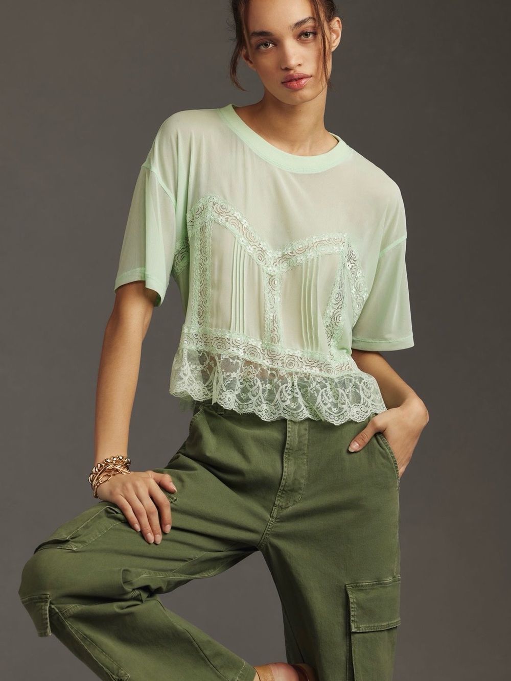 DOLAN By Anthropologie Short-Sleeve Sheer Lace Top ~ PTP: 25-28 ~ Length: 23